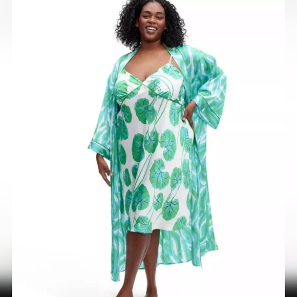 Diane Von Furstenberg intimate babydoll, satin, plus size XXL, green leaf print. - Picture 1 of 16